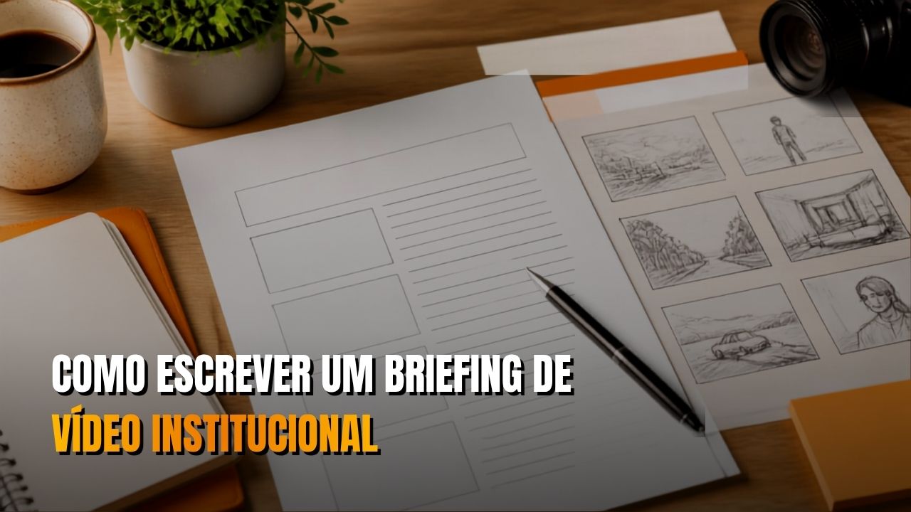 Modelo de briefing de vídeo institucional sendo preenchido sobre a mesa